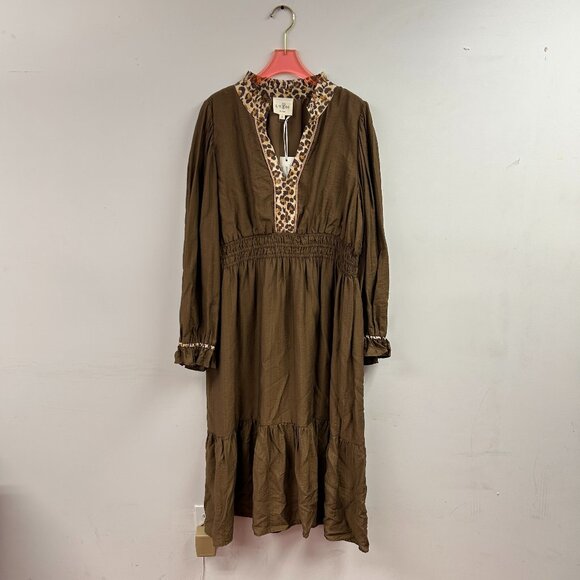 Midi Dress with Leopard Trim and Smocked Waist - WC5553 - Picture 1 of 2